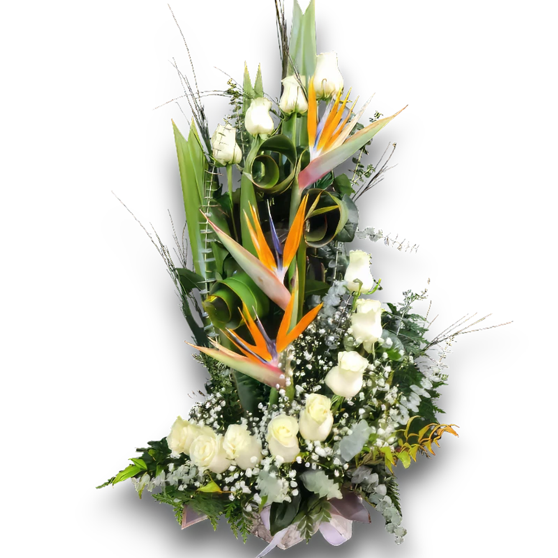 Arreglo Floral Espiral: Rosas y Aves del Paraíso 1