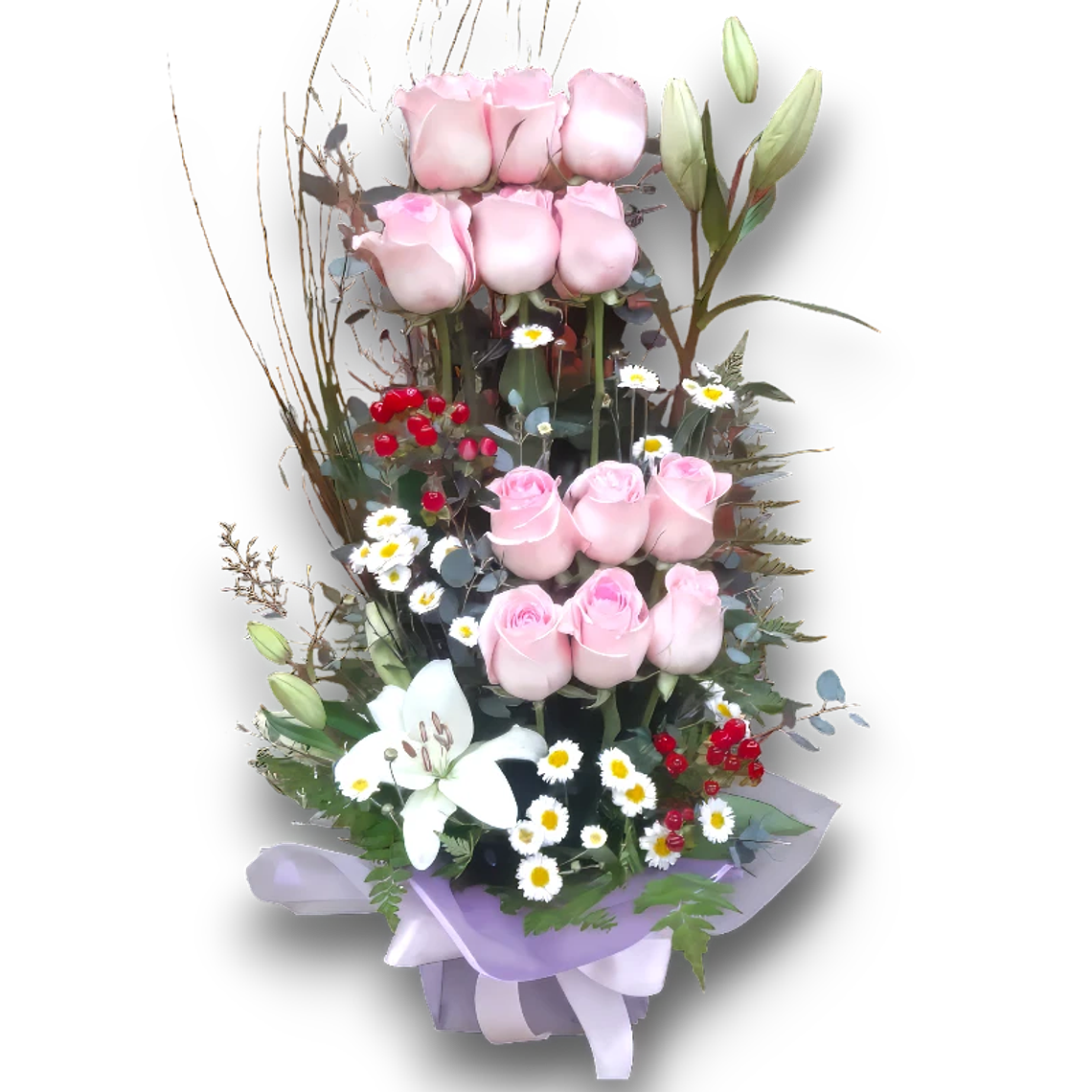 Arreglo Floral Rosas Rosadas y Lirios Blancos 1