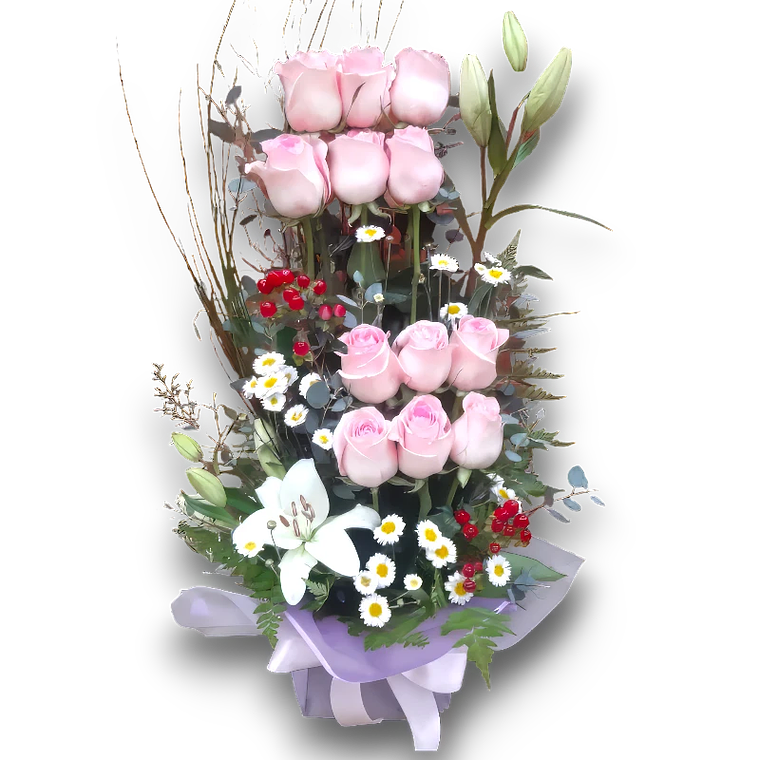 Arreglo Floral Rosas Rosadas y Lirios Blancos 1