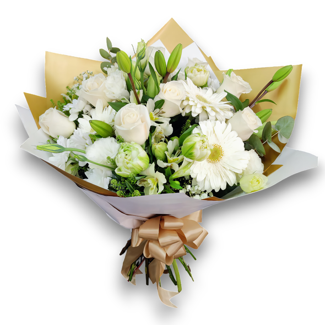 Ramo Elegante de Rosas Blancas, Lirios y Gerberas 1