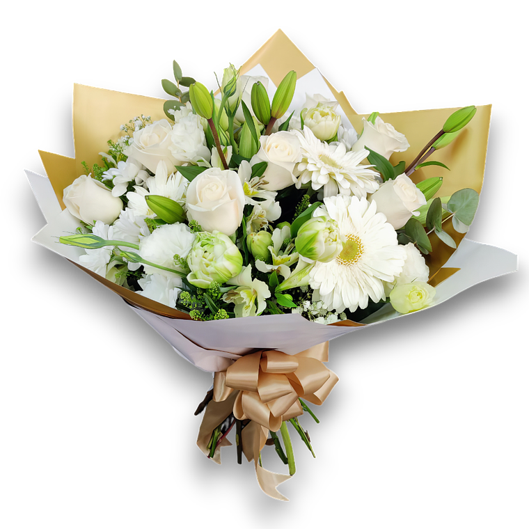 Ramo Elegante de Rosas Blancas, Lirios y Gerberas 1