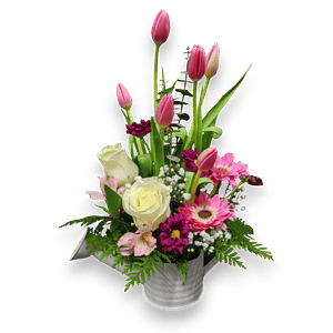 Arreglo de Tulipanes Rosados, Rosas y Gerberas en Regadera