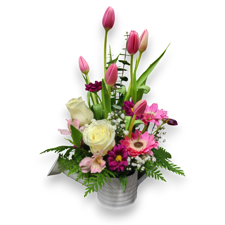 Arreglo de Tulipanes Rosados, Rosas y Gerberas en Regadera 1