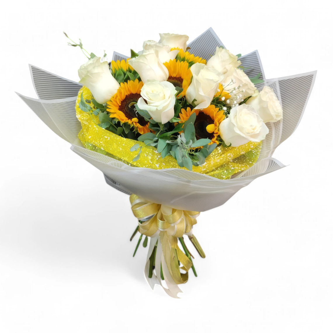 Ramo de Rosas Blancas y Girasoles - Sol Radiante 1