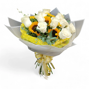 Ramo de Rosas Blancas y Girasoles - Sol Radiante
