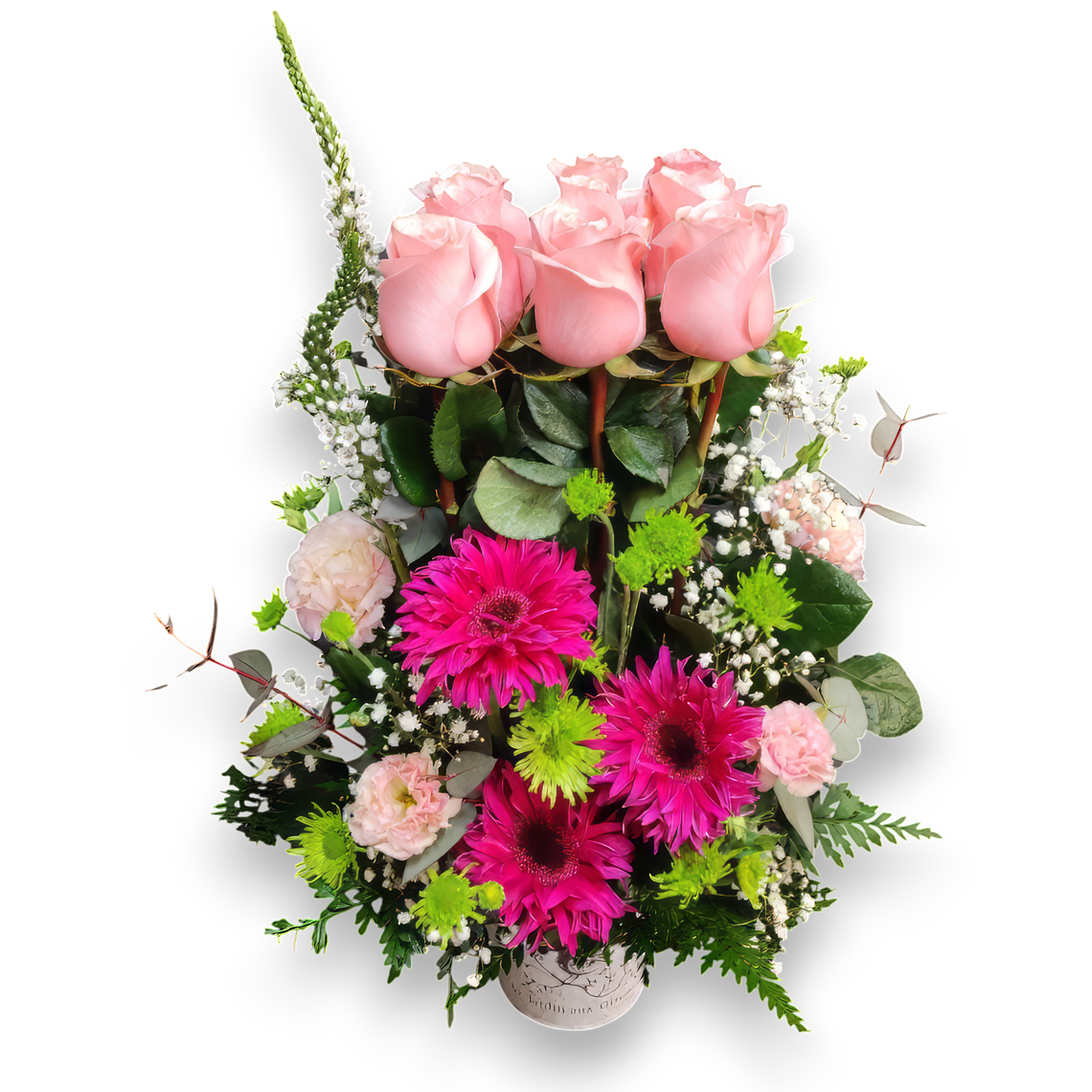 Arreglo de Rosas Rosadas y Gerberas Fucsia 1
