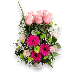 Arreglo de Rosas Rosadas y Gerberas Fucsia