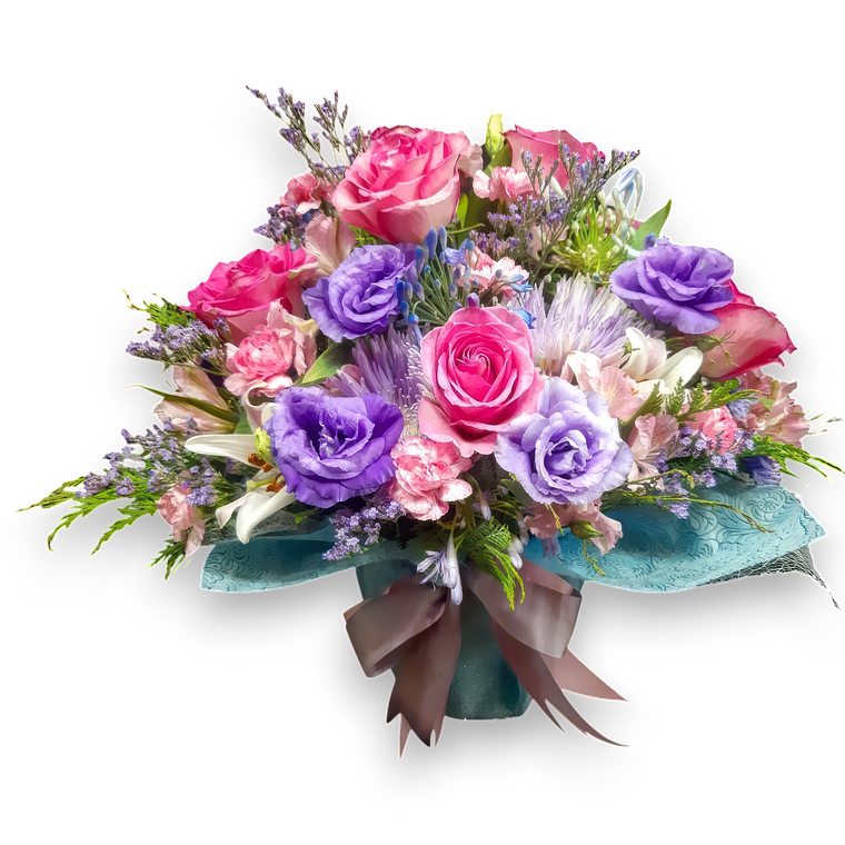 Arreglo de Rosas Rosadas y Lisianthus Morados 1