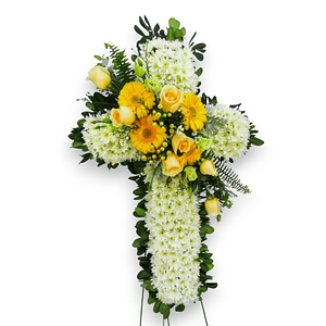 Cruz Condolencias Blanca con Rosas Amarillas