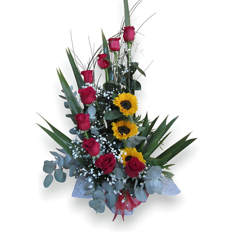 Arreglo Floral con Rosas Rojas y Girasoles 1