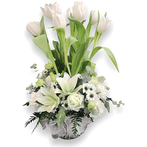 Arreglo Floral con Rosas, Liliums y Tulipanes 
