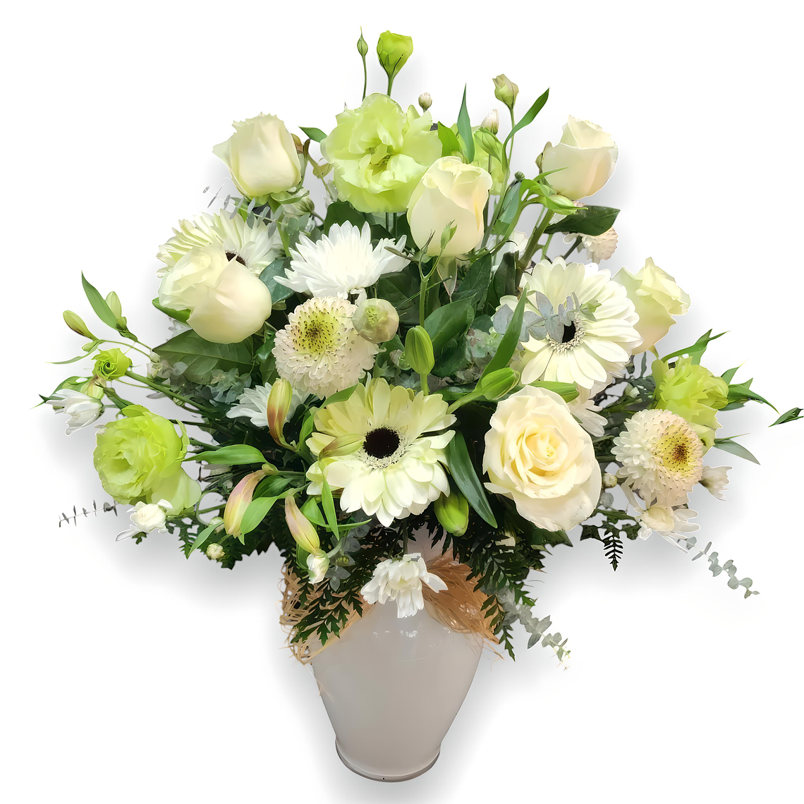 Florero Condolencias Rosas Blancas y Gerberas 1