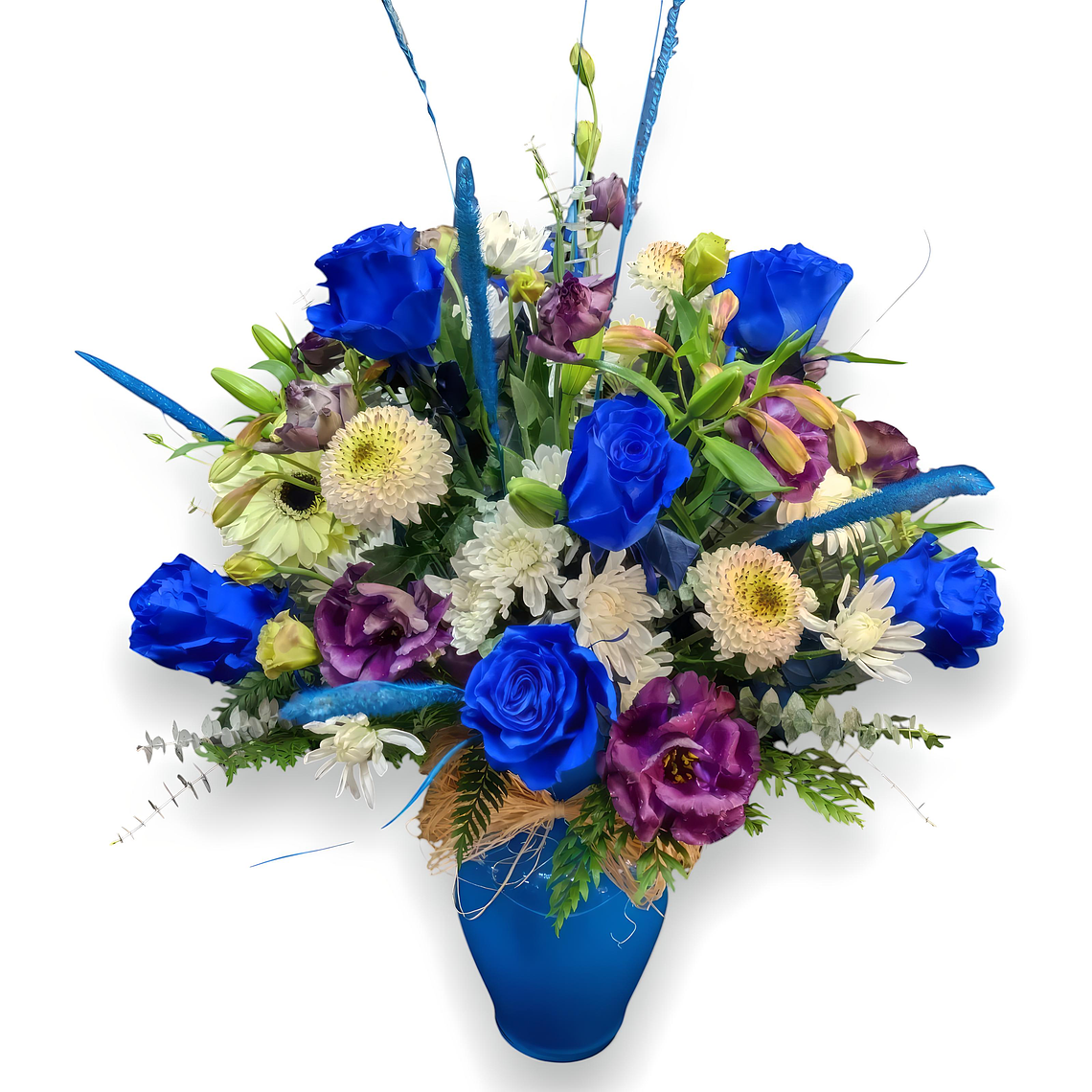 Florero de Condolencias con Rosas Azules y Flores Blancas 1