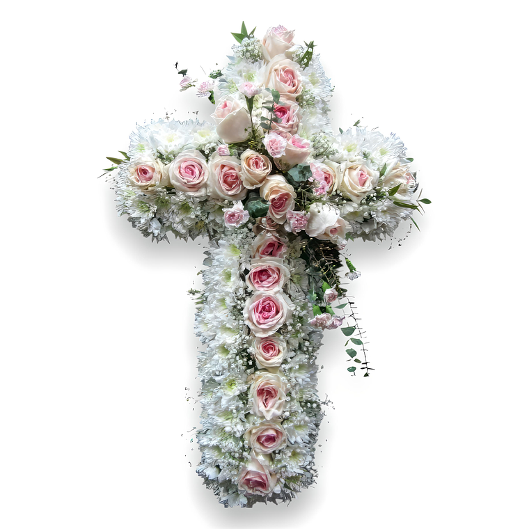 Cruz Floral Rosada – Arreglo de Condolencias Elegante 1