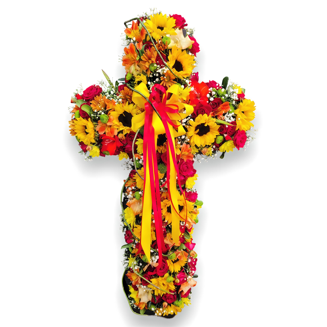 Cruz Floral Multicolor Girasoles – Arreglo Fúnebre 1