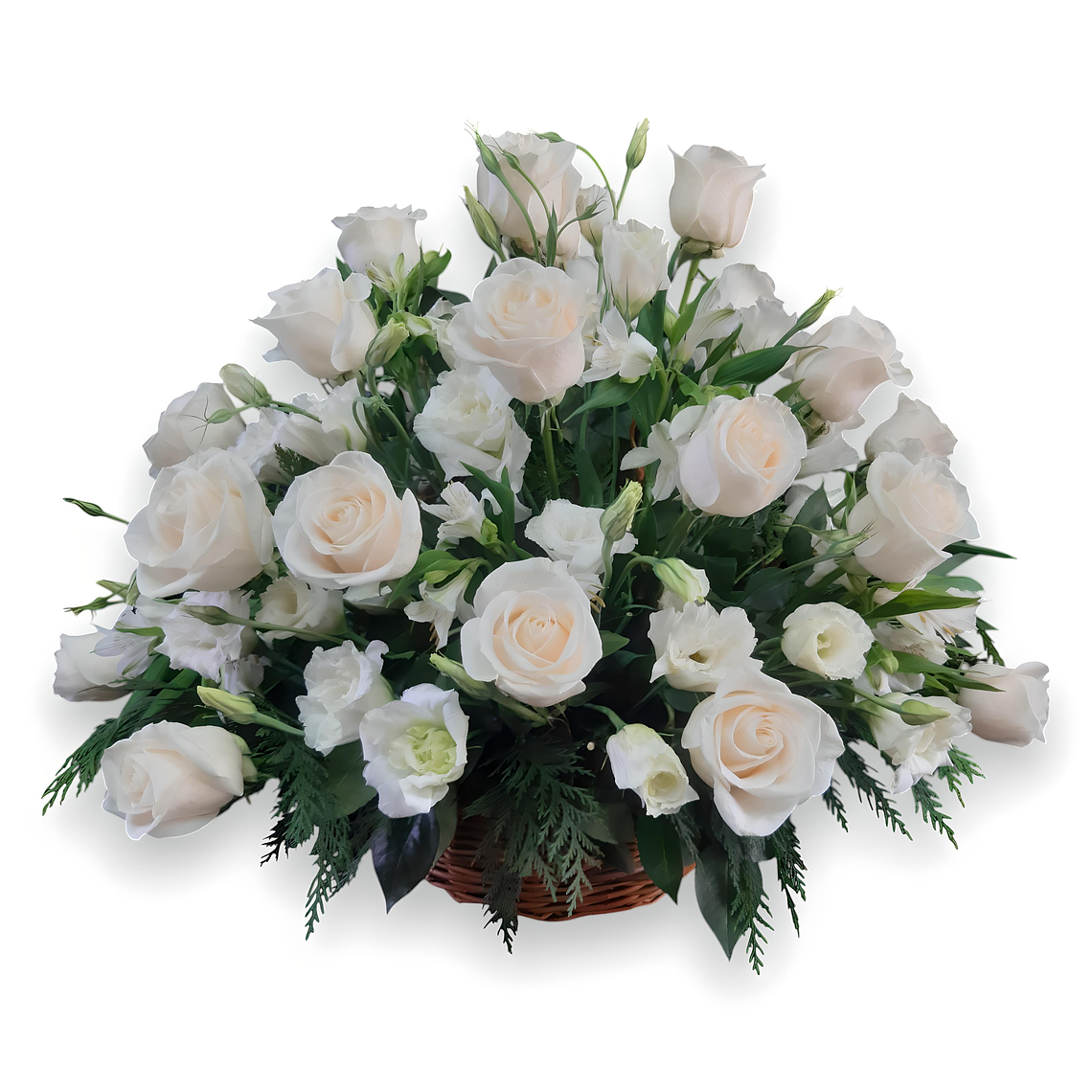Canasta Condolencias Rosas y Lisianthus Blancos 1