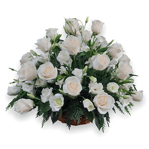 Canasta Condolencias Rosas y Lisianthus Blancos