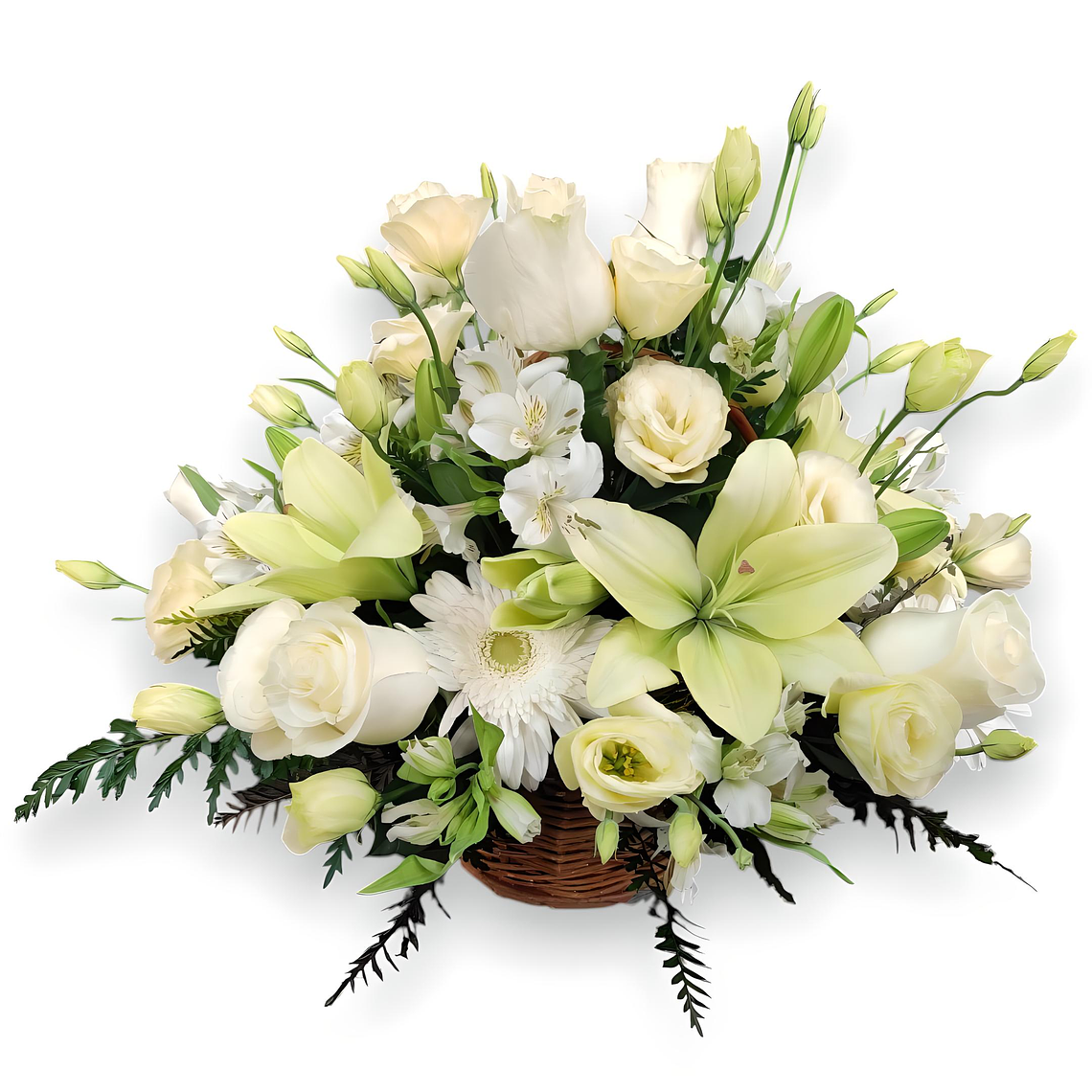 Canasta Condolencias Rosas y Liliums Blancos 1
