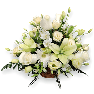 Canasta Condolencias Rosas y Liliums Blancos