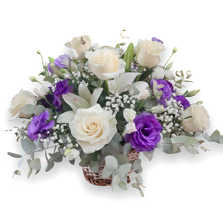 Canasta Condolencias Rosas y Lisianthus Morados 1