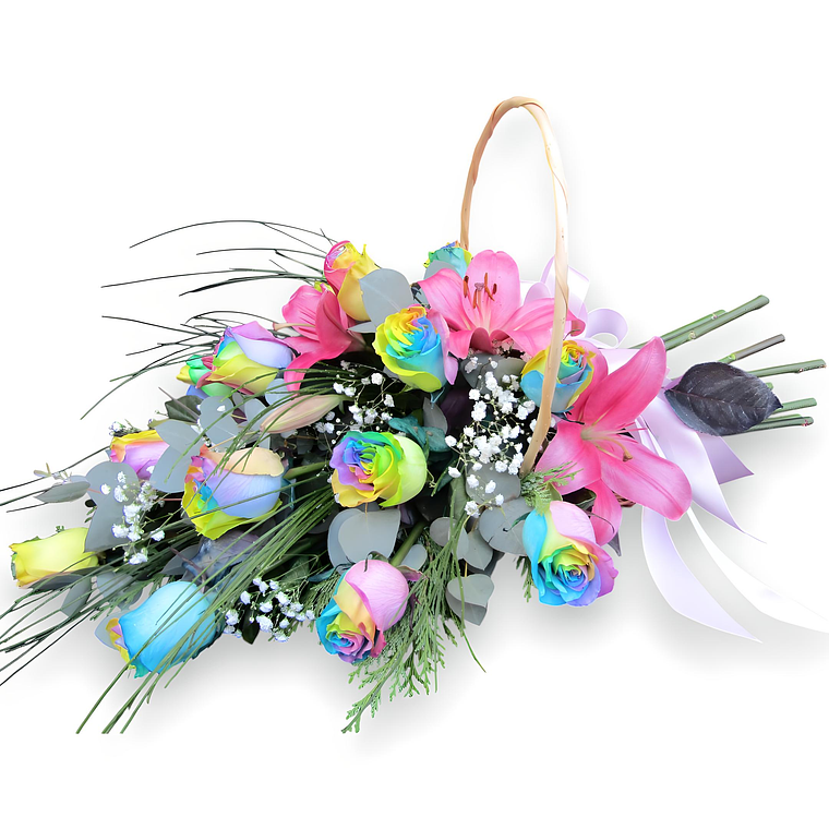 Canasta Condolencias Rosas Arcoíris Tendidas 1