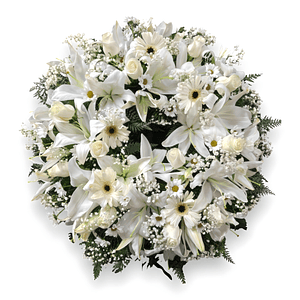 Corona con Liliums y Rosas Blancas
