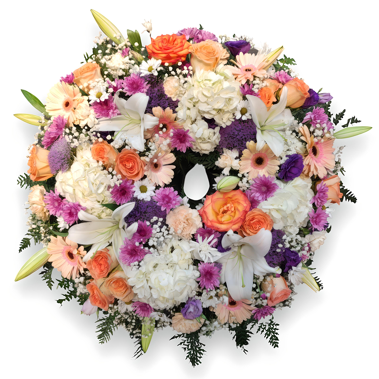 Corona Condolencias Pastel y Morado con Liliums y Rosas 1