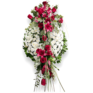 Corona Condolencias 2 Cuerpos – Rosas Rojas y Liliums