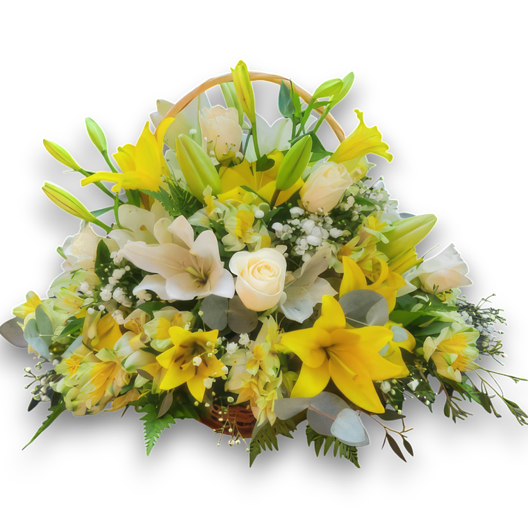 Cesta de Flores Amarillas y Blancas: Rosas, Lirios, Margaritas 1