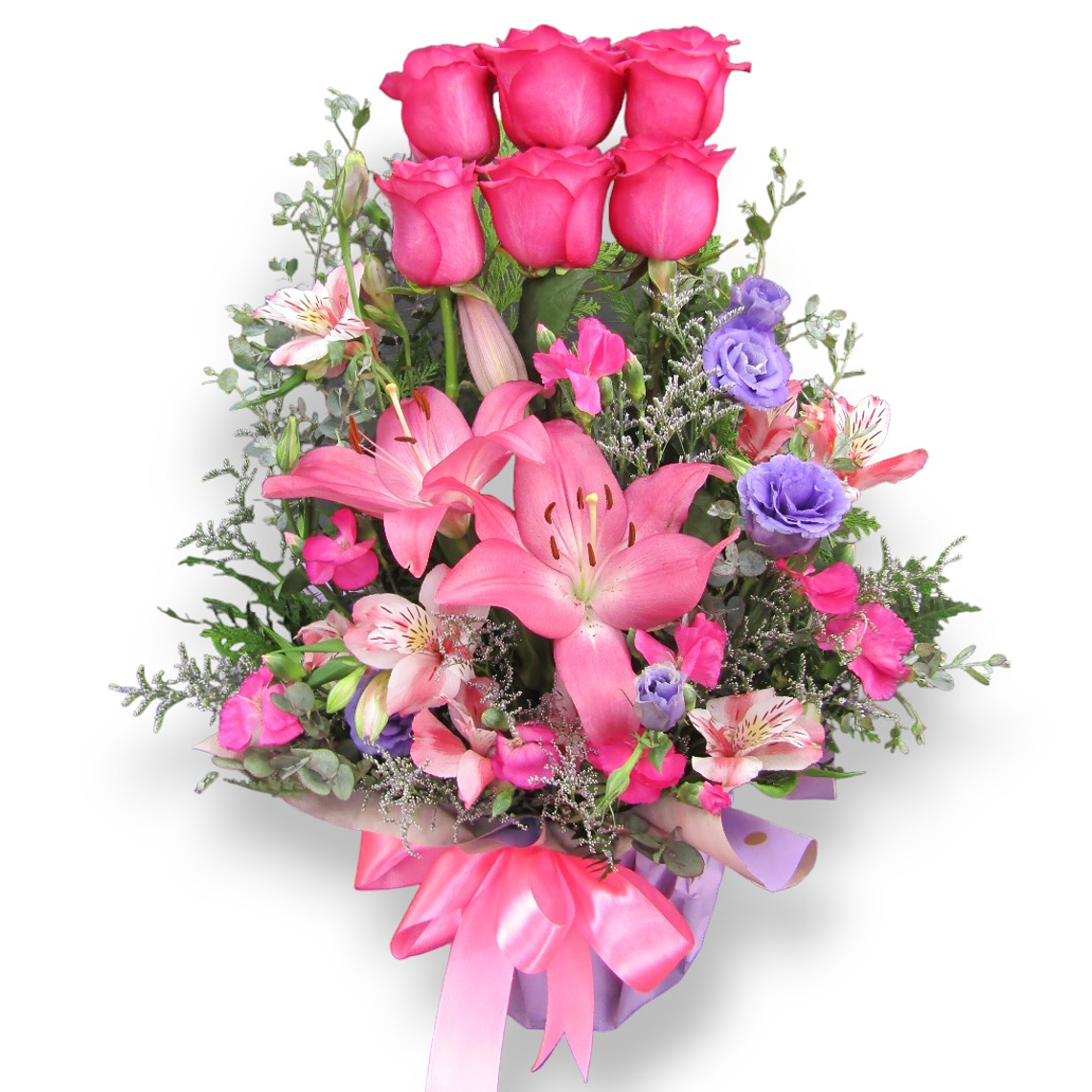Arreglo de Rosas Rosadas, Lirios y Lisianthus 1