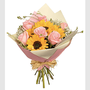 Dúo Radiante: Ramo de 6 Rosas y Girasoles Seleccionados