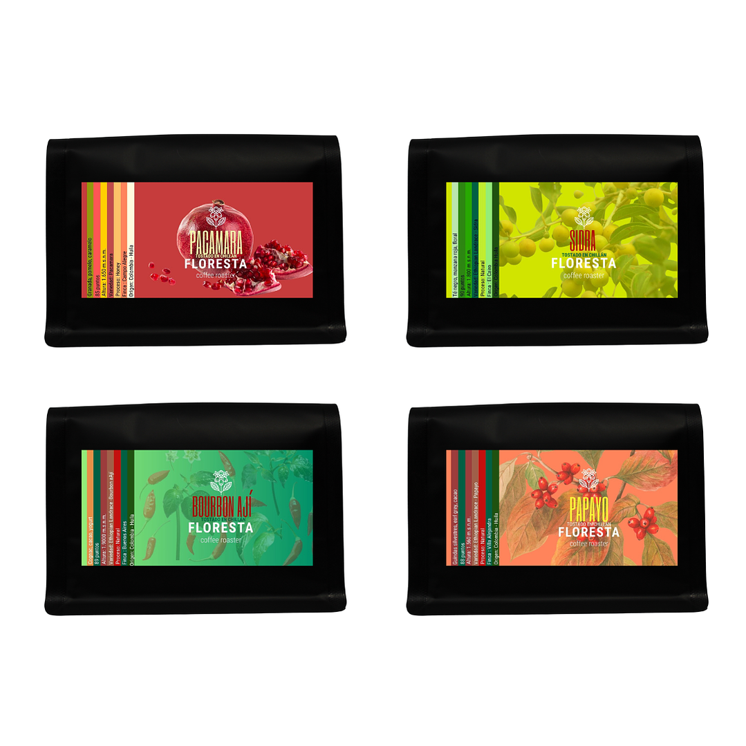 Pack 4 variedades Cafe exoticos Colombia(100gr. + 100gr.+ 100gr+ 100gr.) $45.170 -10% descuento ($40653) 1