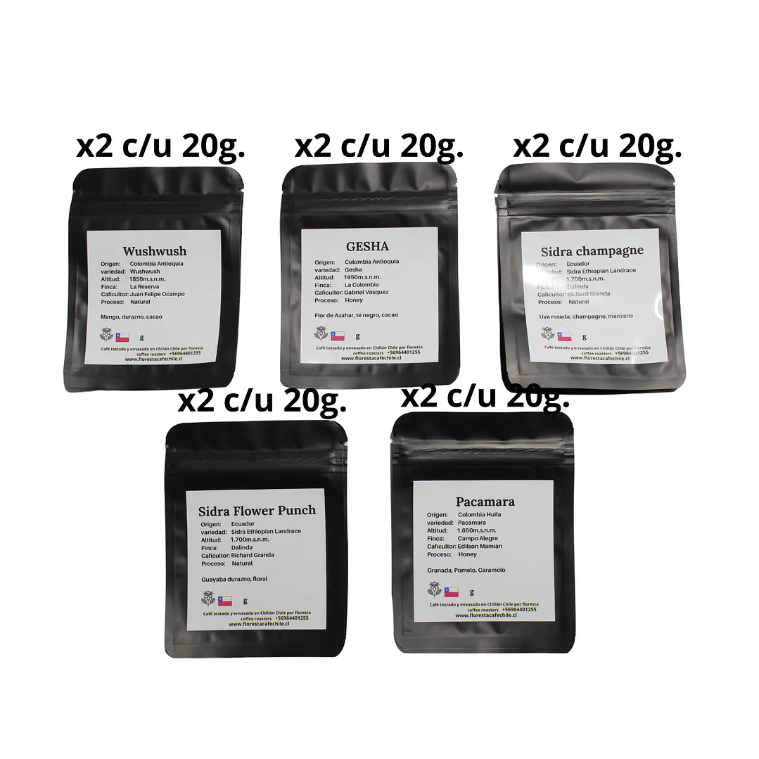 Pack Premium Floresta 5 Variedades Cafe (Grano entero o molido) x10un 20g. (200gr.) 2