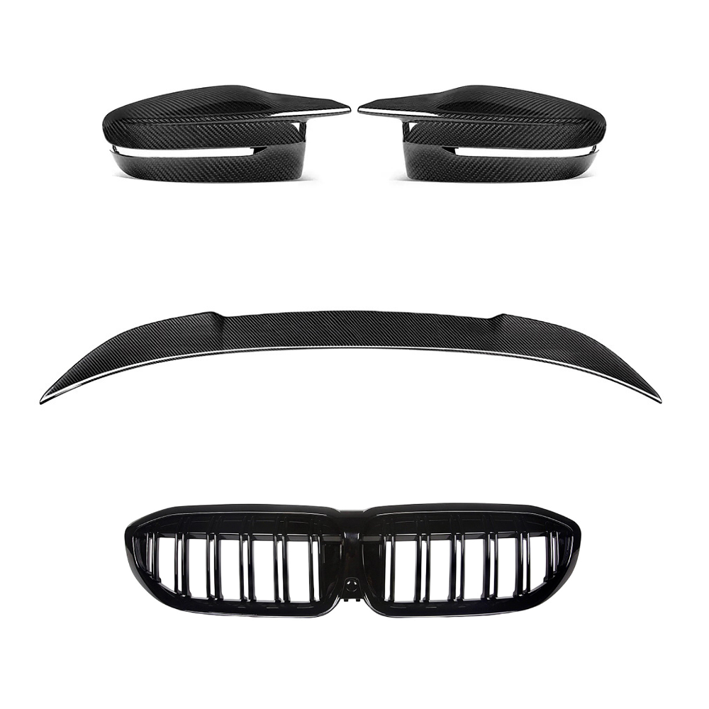 Aero Carbon Kit – BMW Serie 3 G20 LCI (320i / 330i) | Parrilla + Spoiler + Tapas espejo Dry Carbon 1