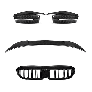 Aero Carbon Kit – BMW Serie 3 G20 LCI (320i / 330i) | Parrilla + Spoiler + Tapas espejo Dry Carbon