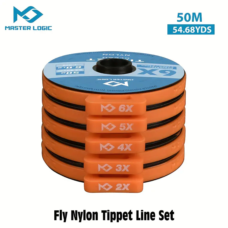 MASTER LOGIC Fly Nylon Tippet Line Set, 5 Sizes, High-Quality Durable 50m Fishing Sub Line for Trout - For Anglers - Ideal for Lake & Stream Fishing - Perfect Gift for Holidays like Easter, Christmas, 1