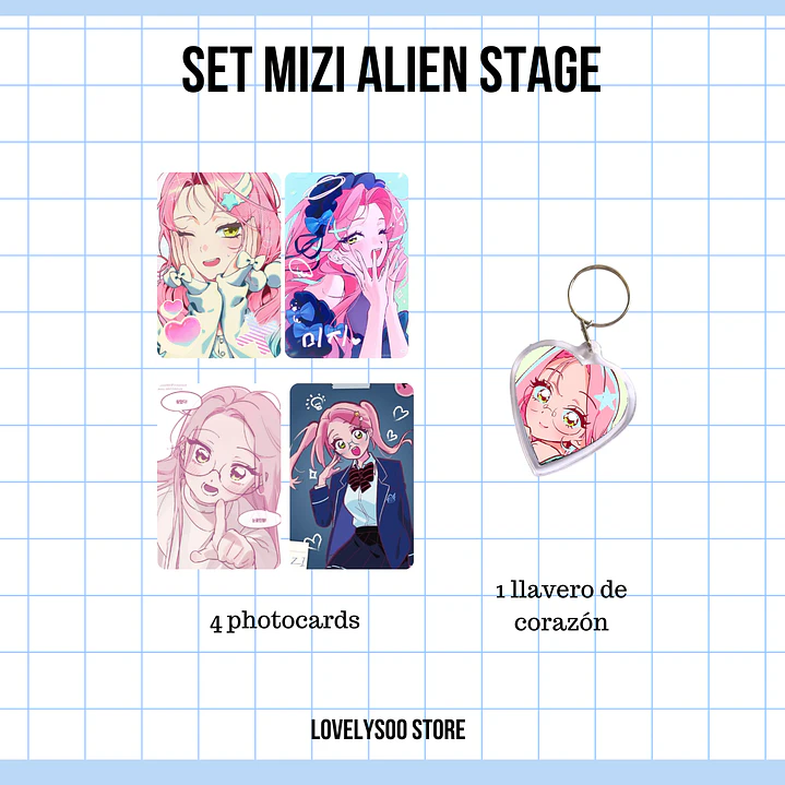 SET PHOTOCARDS Y LLAVERO - MIZI ALIEN STAGE 1