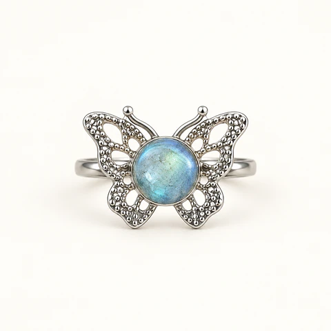 Anel borboleta de labradorite — aço inox ajustável