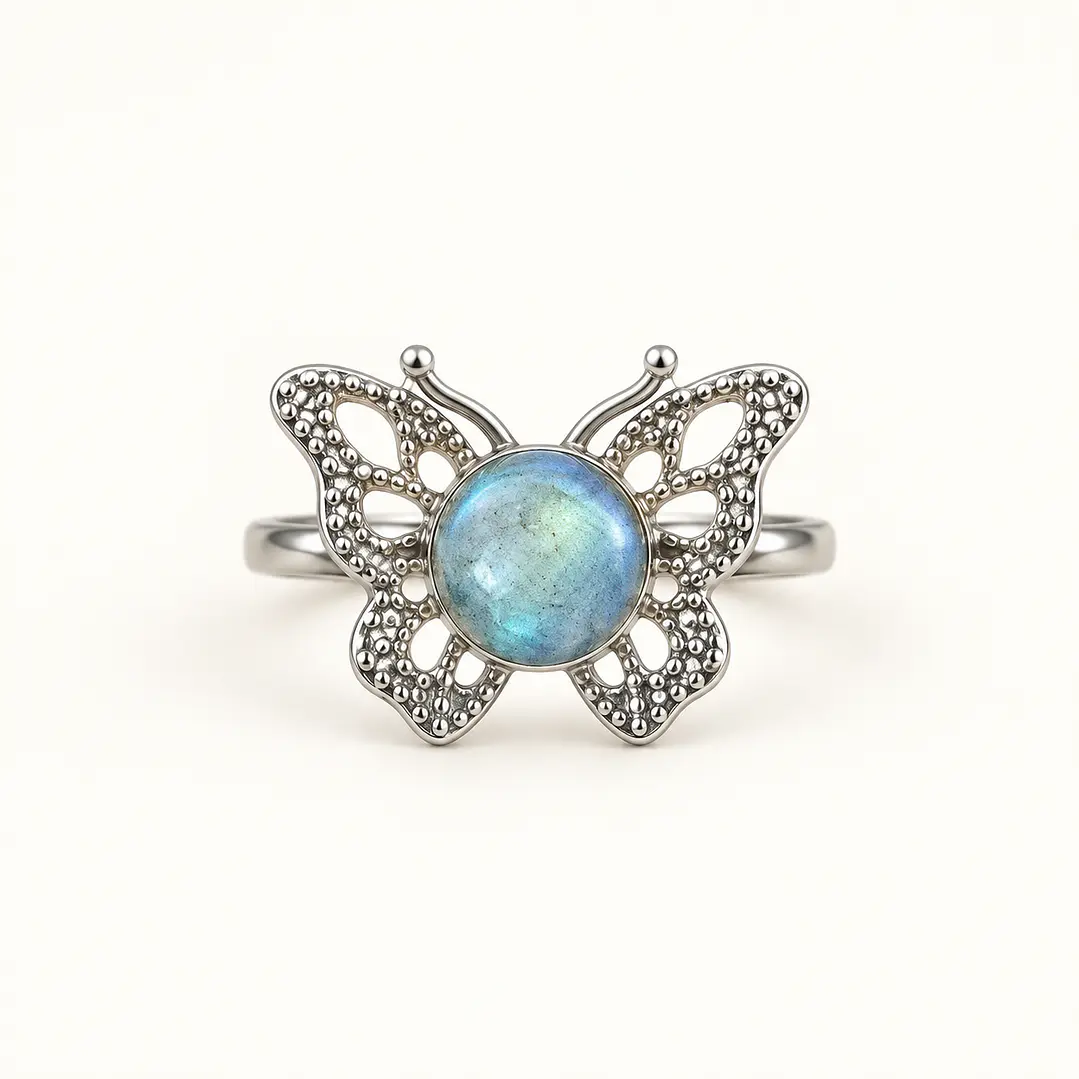 Anel borboleta de labradorite — aço inox ajustável 1