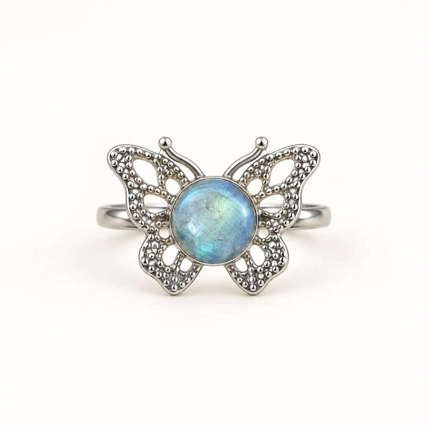 Anel borboleta de labradorite — aço inox ajustável 1