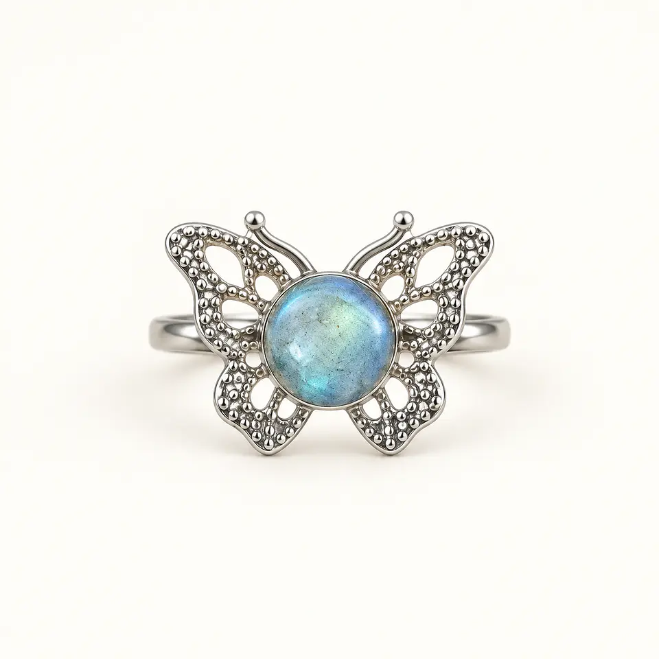 Anel borboleta de labradorite — aço inox ajustável 1