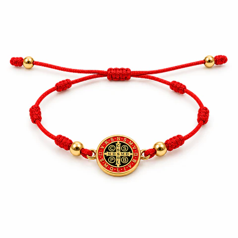 Pulseira 7 Nós com Medalha de São Bento Dourada