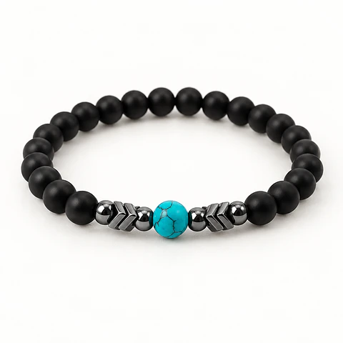 Pulseira Ónix Matte, Hematite e Howlite Turquesa — 6 mm