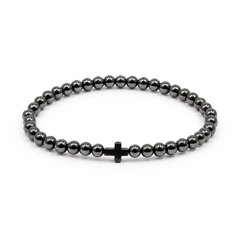 Pulseira de Hematite com Cruz — 4 mm
