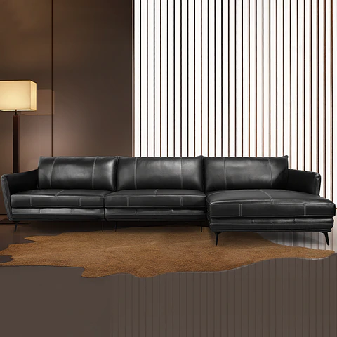 Sofá 3060 Chaise Negro 100% Cuero  2 Cuerp