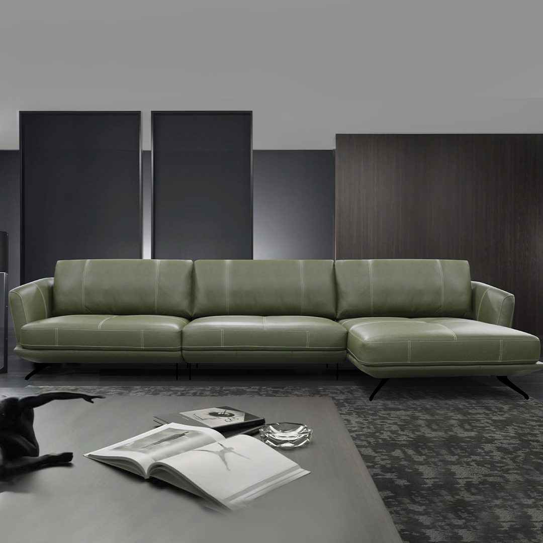 Sofá 3064 Chaise Verde 100% Cuero 2 Cuerpos 1