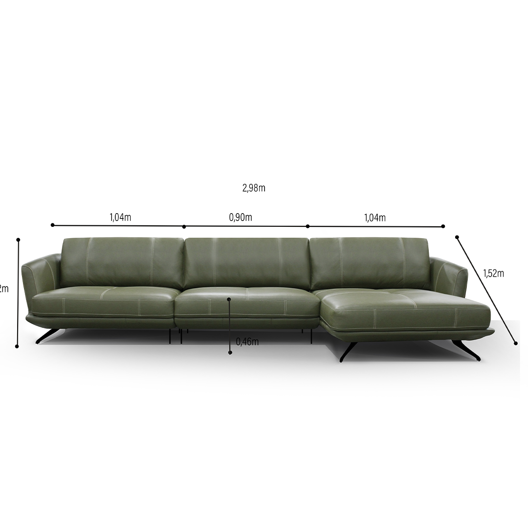 Sofá 3064 Chaise Verde 100% Cuero 2 Cuerpos 4