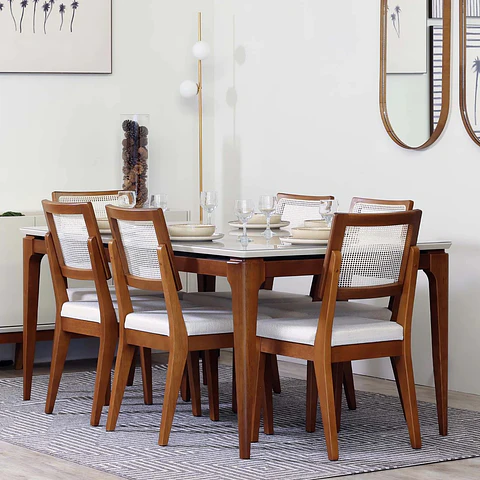 Comedor Addar 1.6 Off White + 6 Sillas Saga Ratan Ts L02