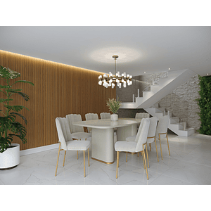 Comedor Lintz 2.2 Off white gold + 8 Sillas Elis Soft palha Gold