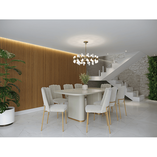 Comedor Lintz 2.2 Off white gold + 8 Sillas Elis Soft palha Gold